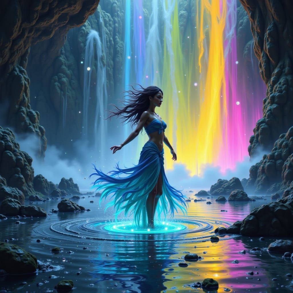 Fantasy Woman Dancing in Waterfall, Neon Illustration
