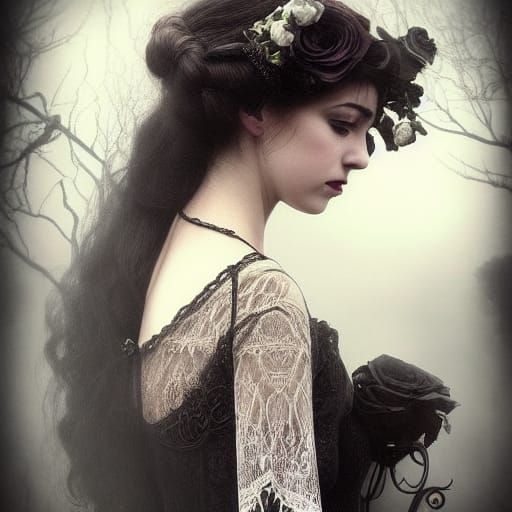 Victorian Lady with Black Roses in Foggy London