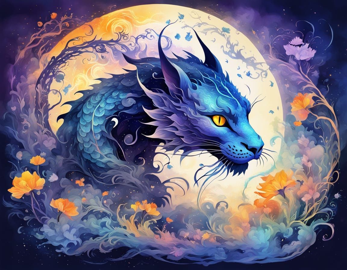 Dragon-Cat Enters Fairy World: Chinese Ink Painting