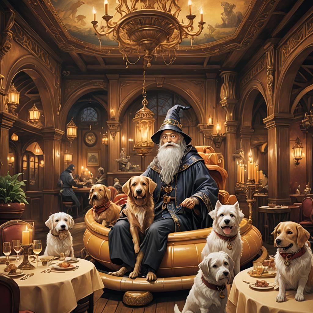 Wizard and Dogs in Restaurant: Whimsical Fantasy Illustratio...