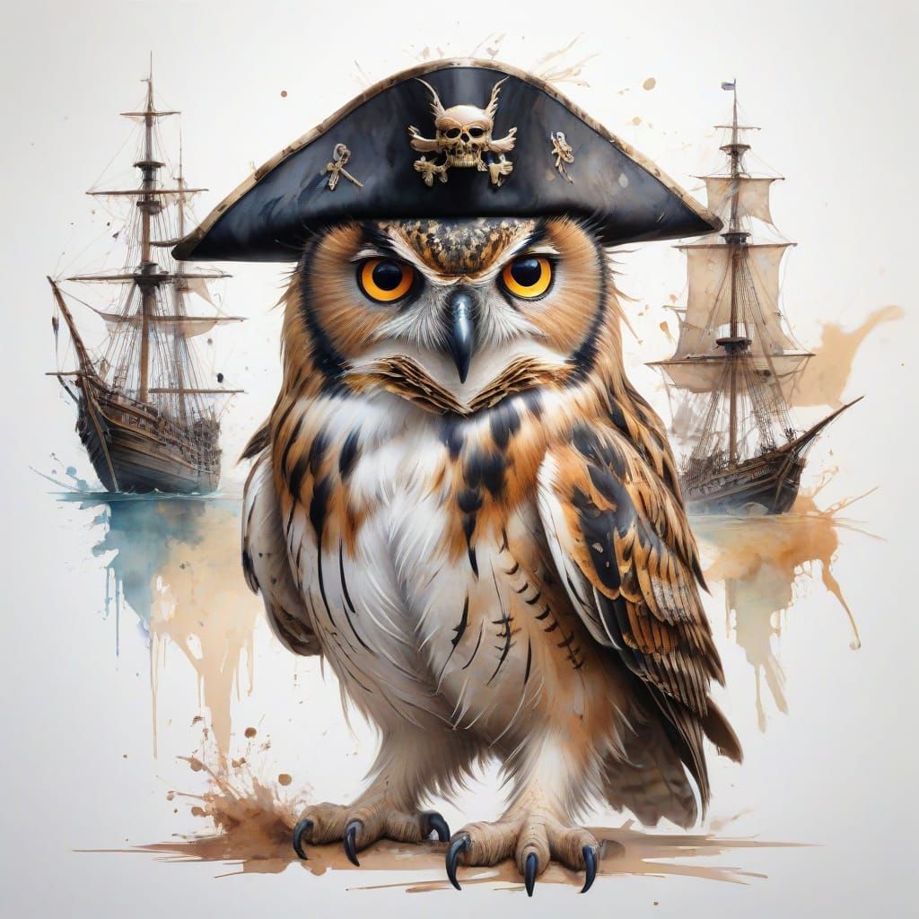 Hyper-Realistic Owl Pirate in Watercolor Style