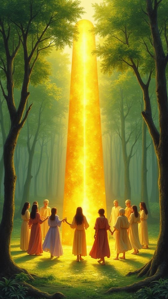 Joyful Circle Dance around Shimmering Forest Monolith