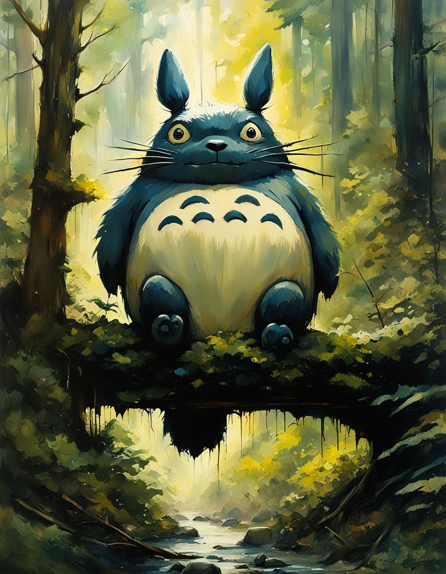 Grinning Totoro Portrait in Hyperdetailed Forest