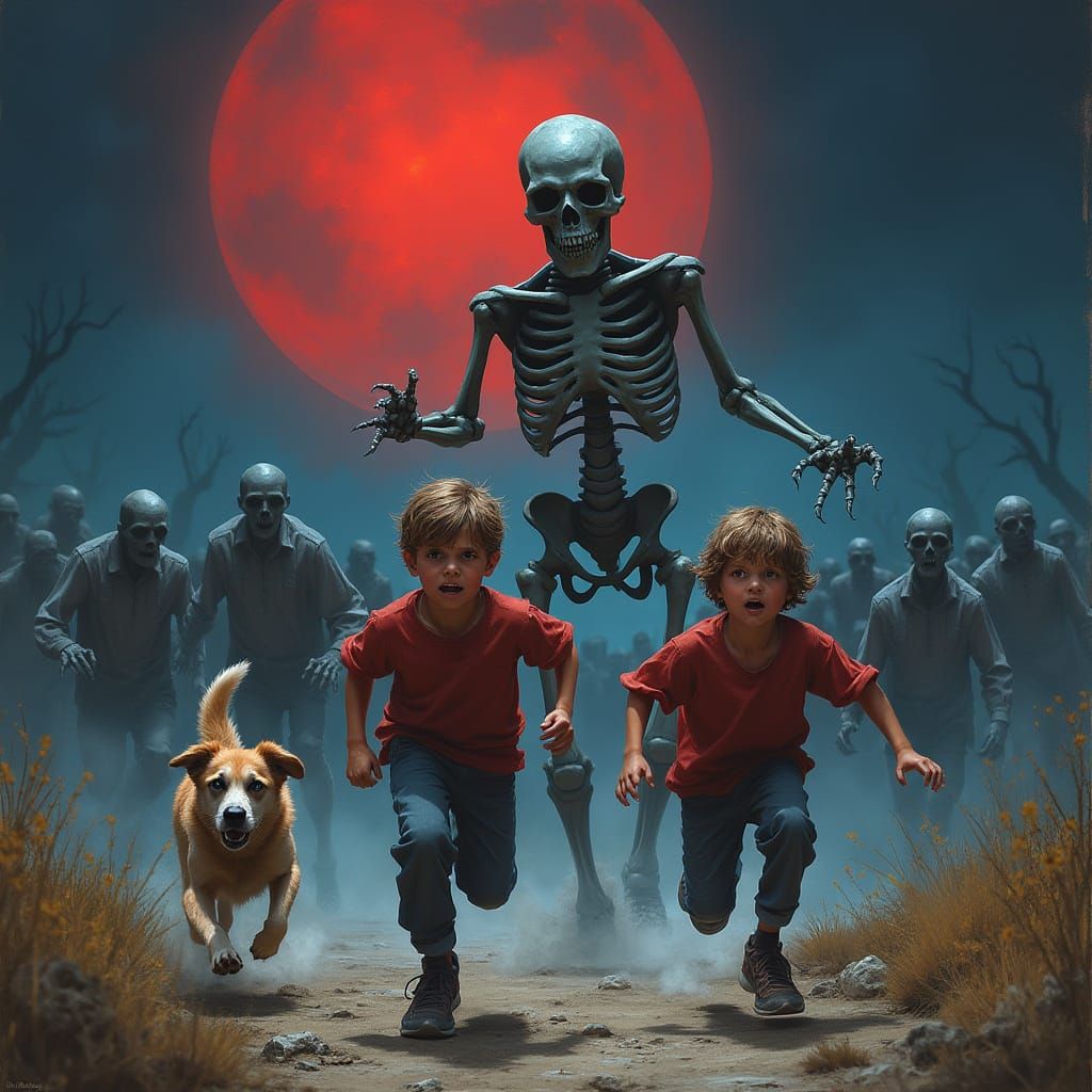 Boys Fleeing Skeleton Under Red Moon With Zombies