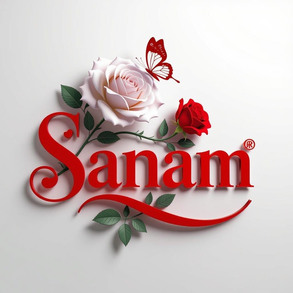 Elegant 3D Sanam Logo with Rose and Butterfly