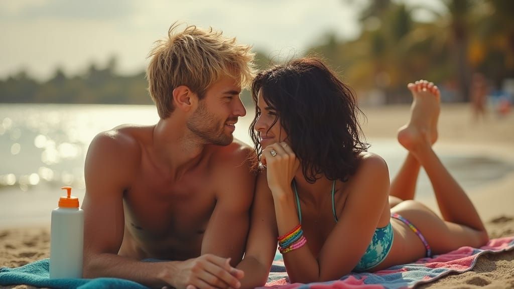 Couple Relaxing on Tropical Beach with Palm Trees
