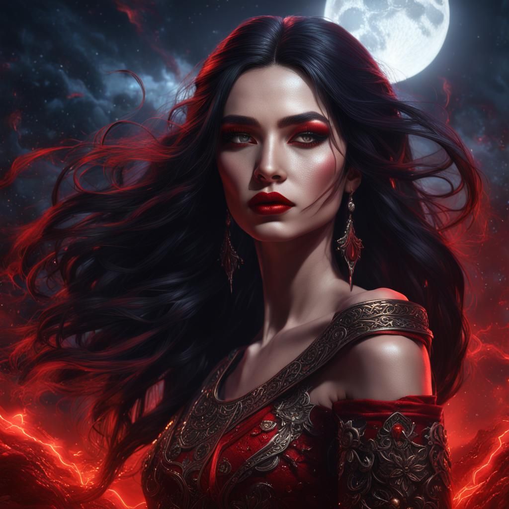 Goddess in Moonlight with Lightning, Detailed Fantasy Art