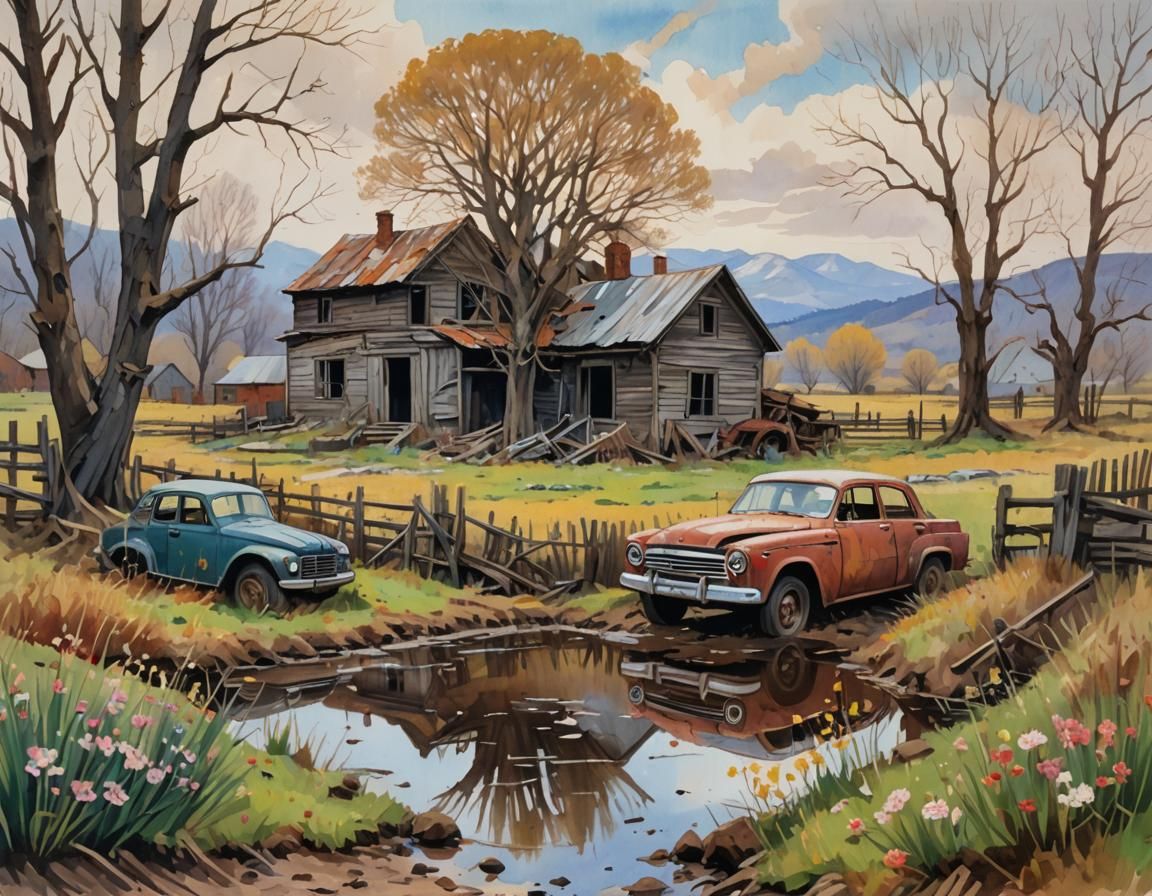 Abandoned Farmhouse in Gouache Style Watercolor