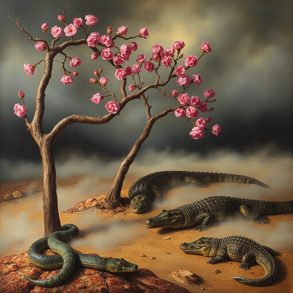 Expressive Landscape Painting of Twisted Trees and Wildlife