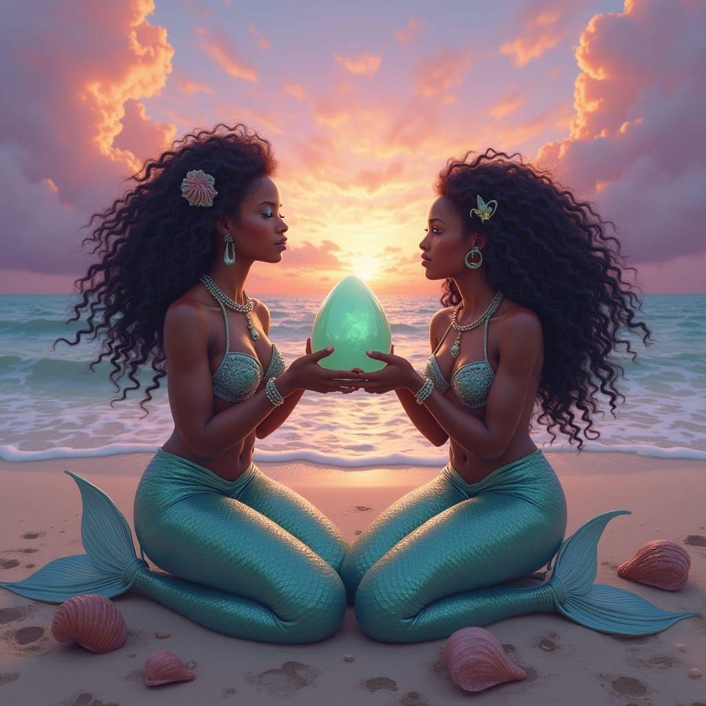 Surreal Beach Scene of Mermaids Holding Jade Stones in Laven...