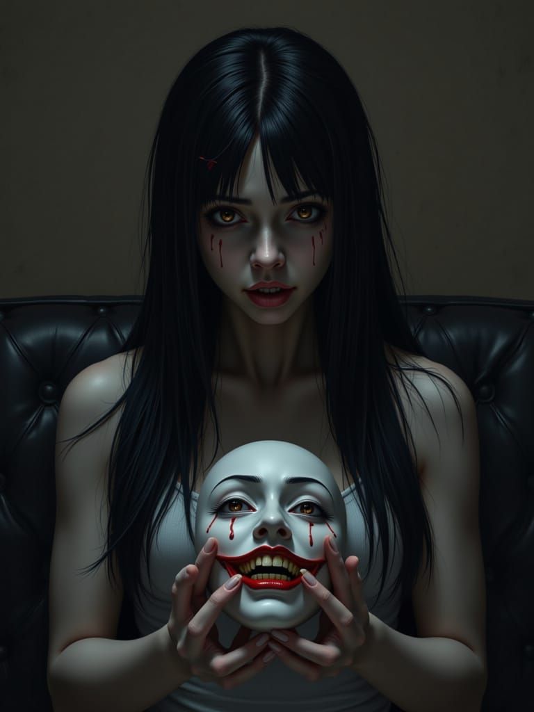 Depressed Woman Holding Happy Mask in Low Light