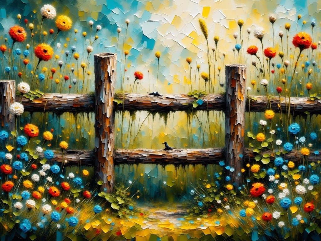 Rustic Wooden Fence in Vibrant Wildflowers