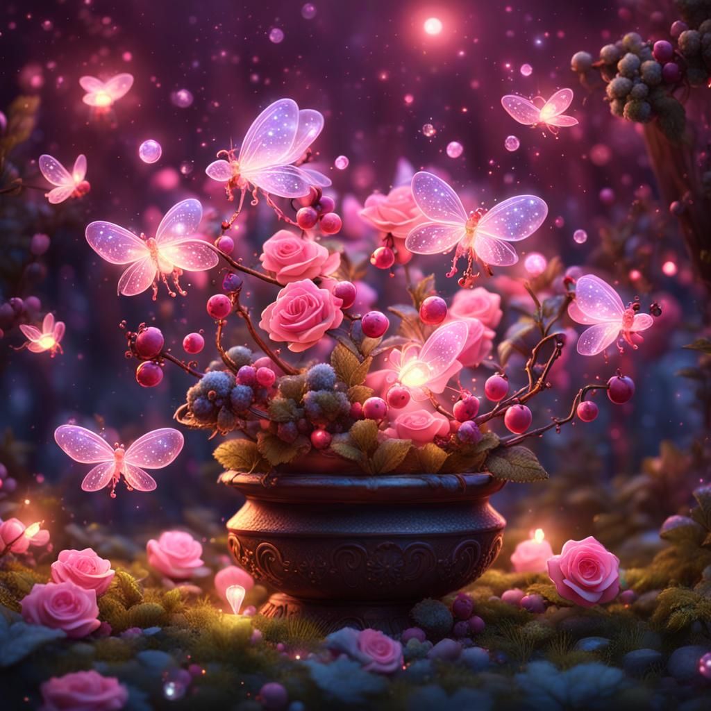 Fantasy Fireflies in a Glittering Pink Garden
