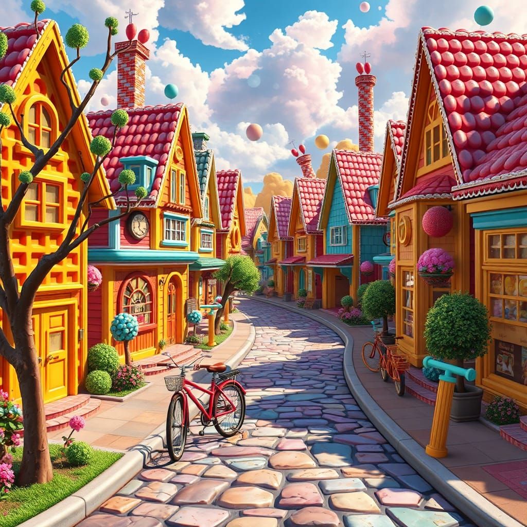 Candyland Street Scene: Hyperrealistic Digital Illustration