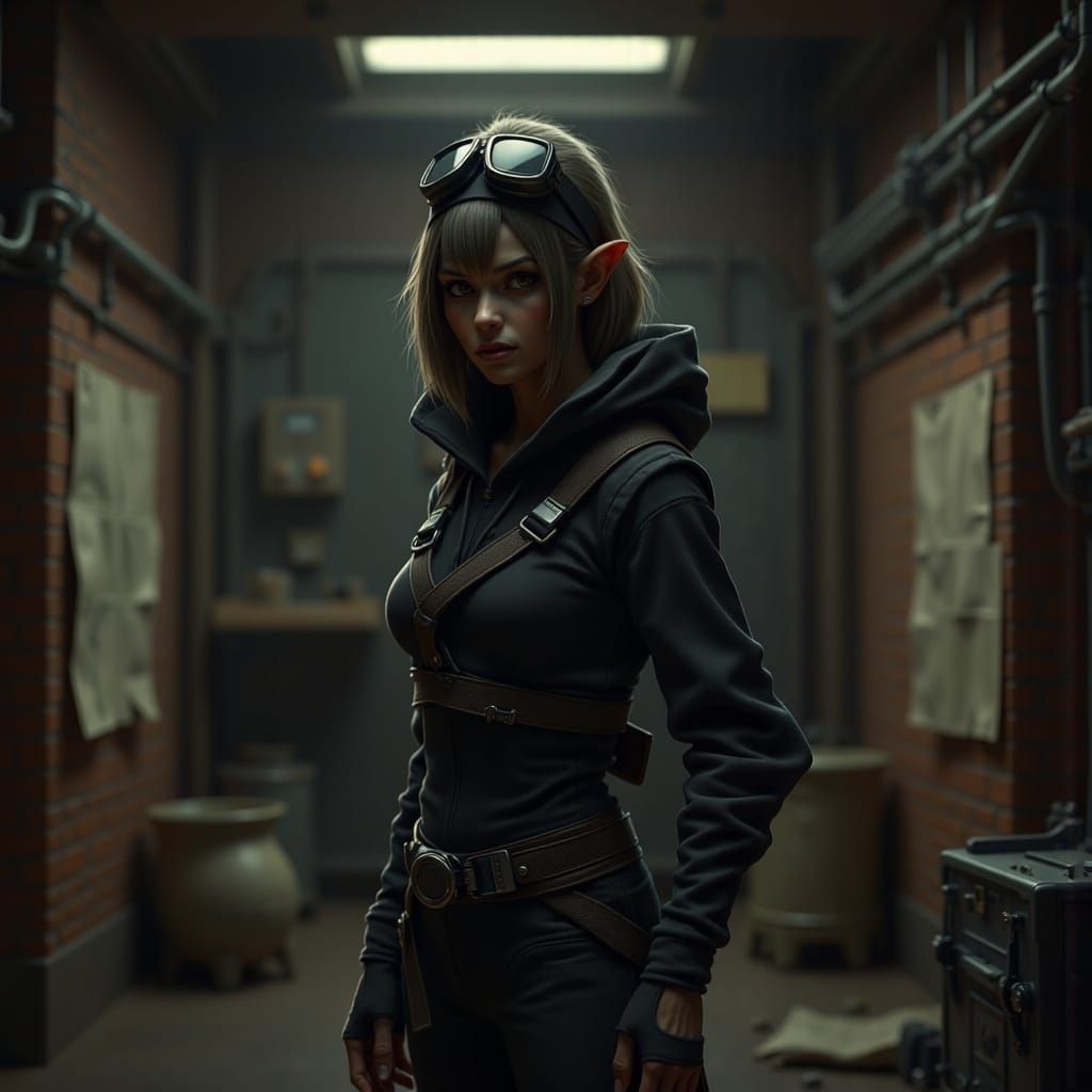 Stoic Woman in Industrial Setting, Inspired by Beksiński