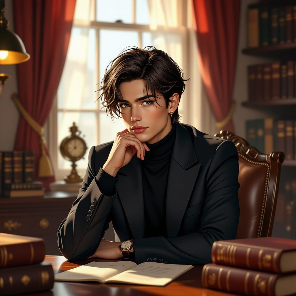 Contemplative Person in Cozy, Futuristic Noir Setting