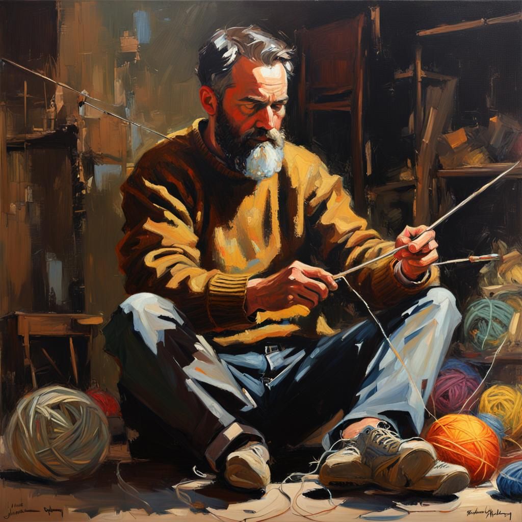 Bearded Man Knitting: Oil Painting Portrait