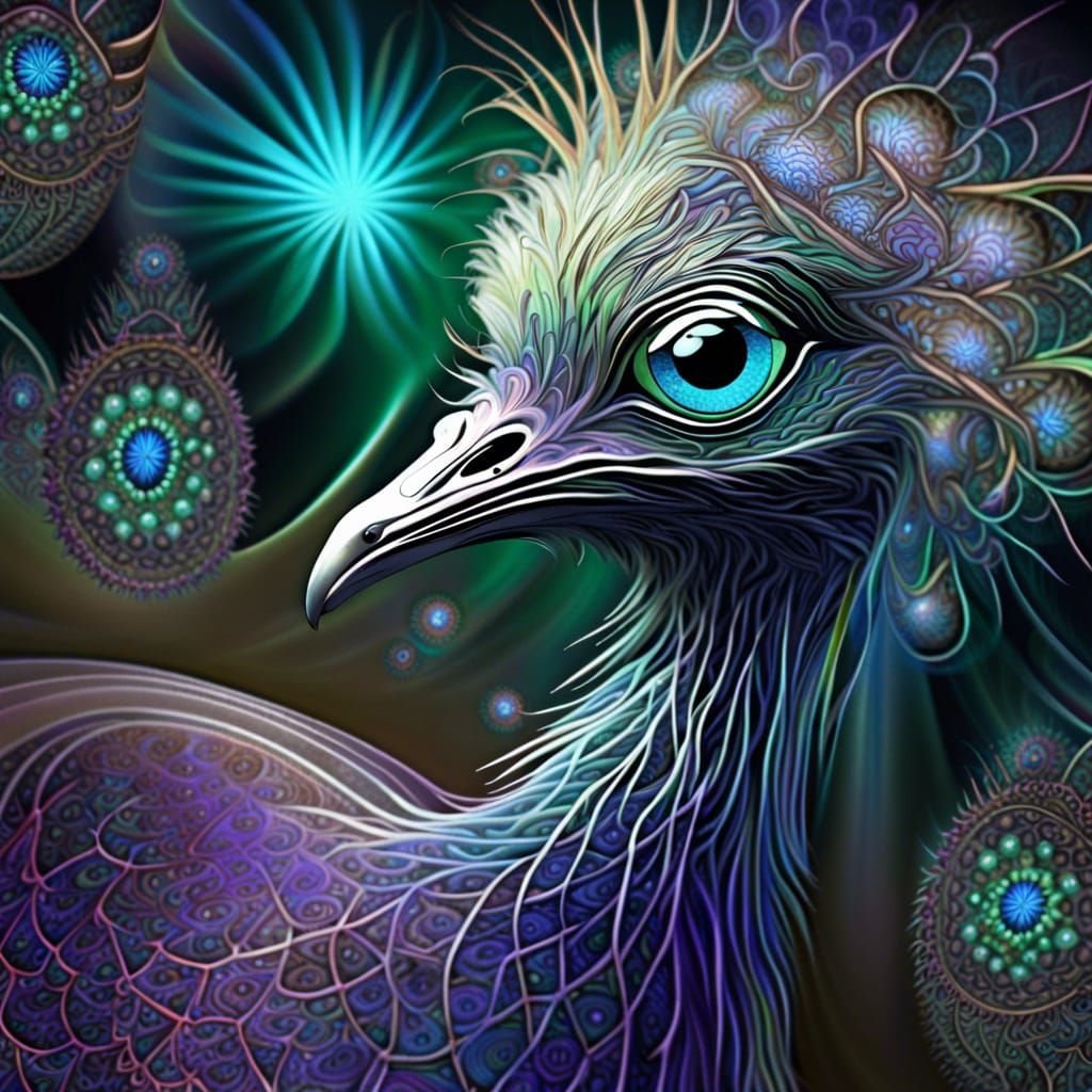 Metallic Fractal Emu with Crystal Rose: 3D Art