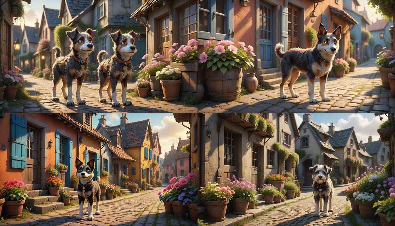 Whimsical Village Encounter in 3D Pixar Style