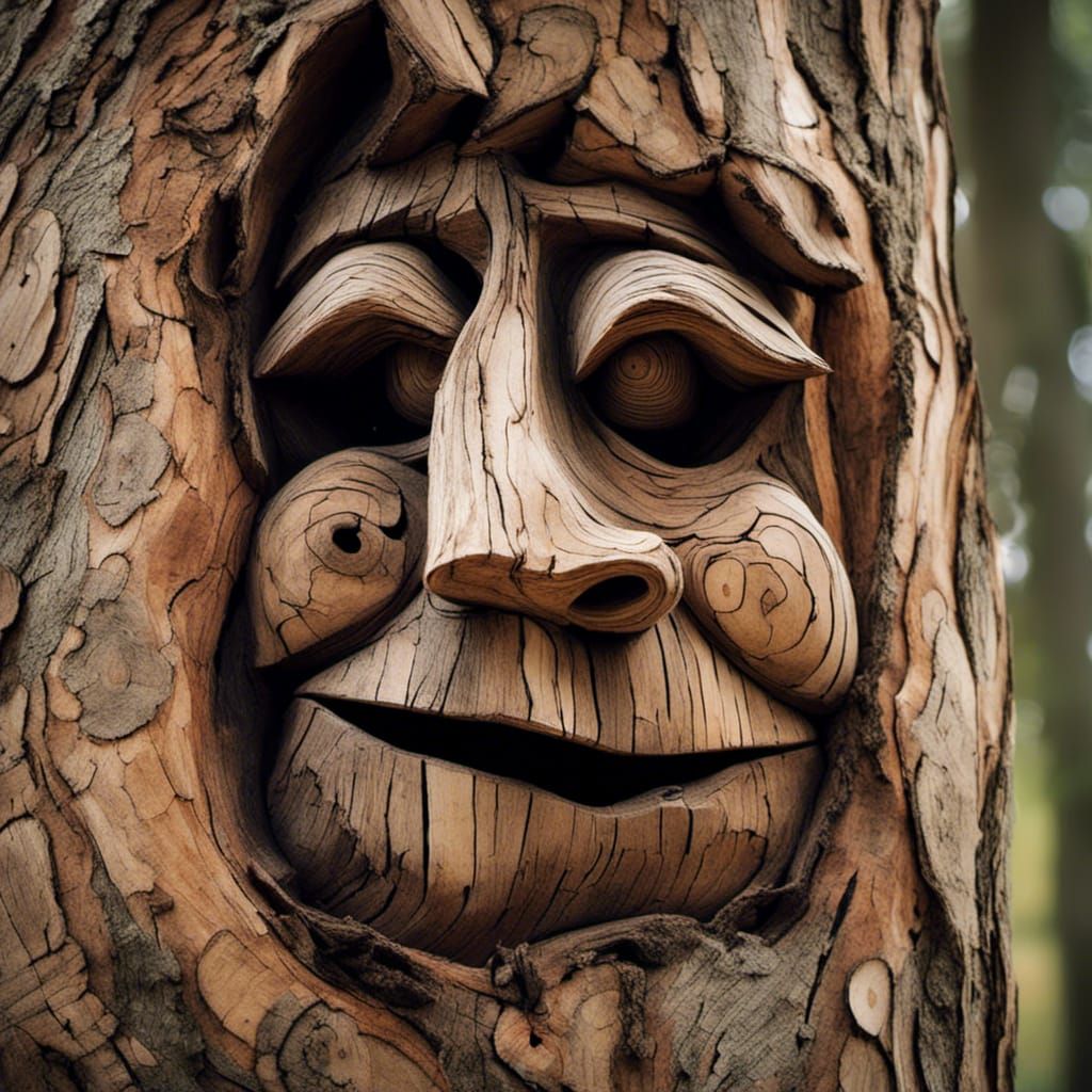 Short fat troll face growing in bark of a tree