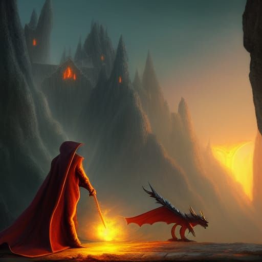 Hooded Figure Deceives Dragon in Dark Fantasy Art