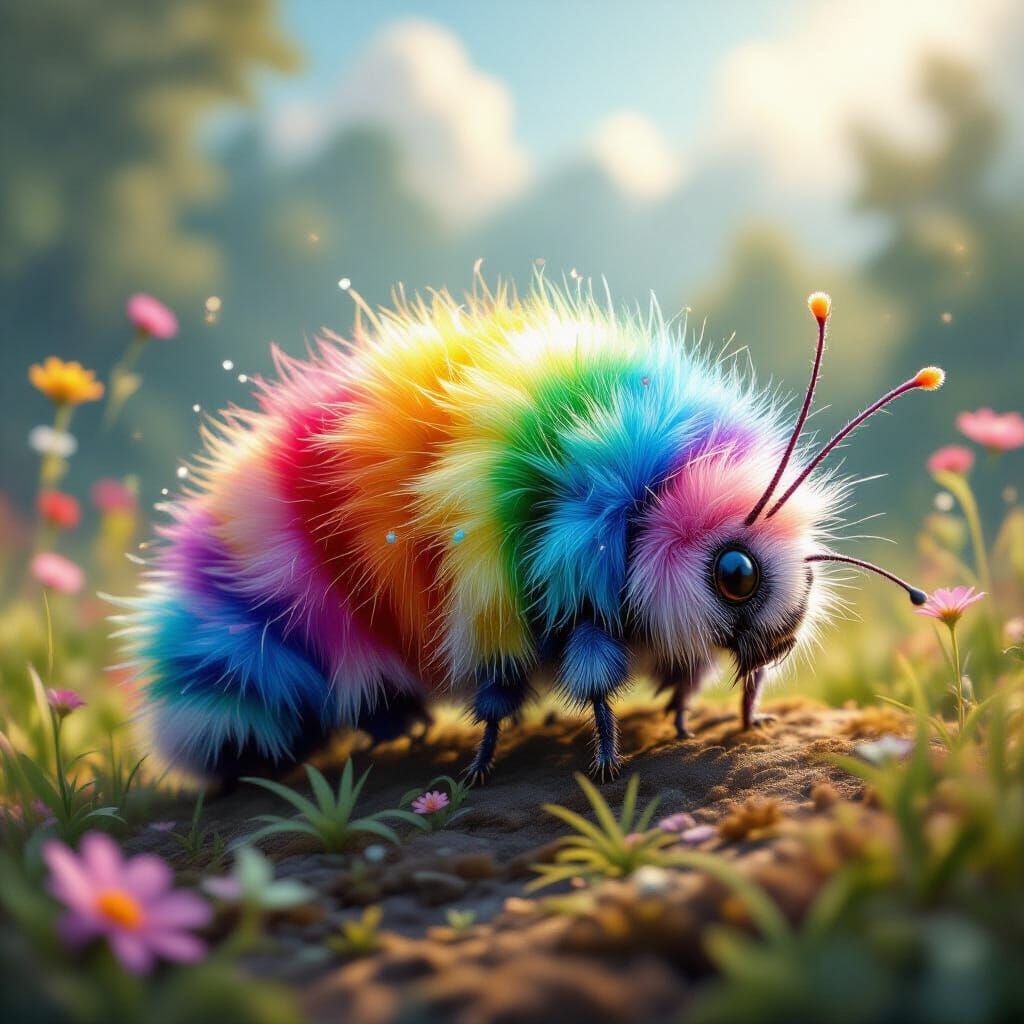 Rainbow Caterpillar in Fantasy Landscape: Digital Art
