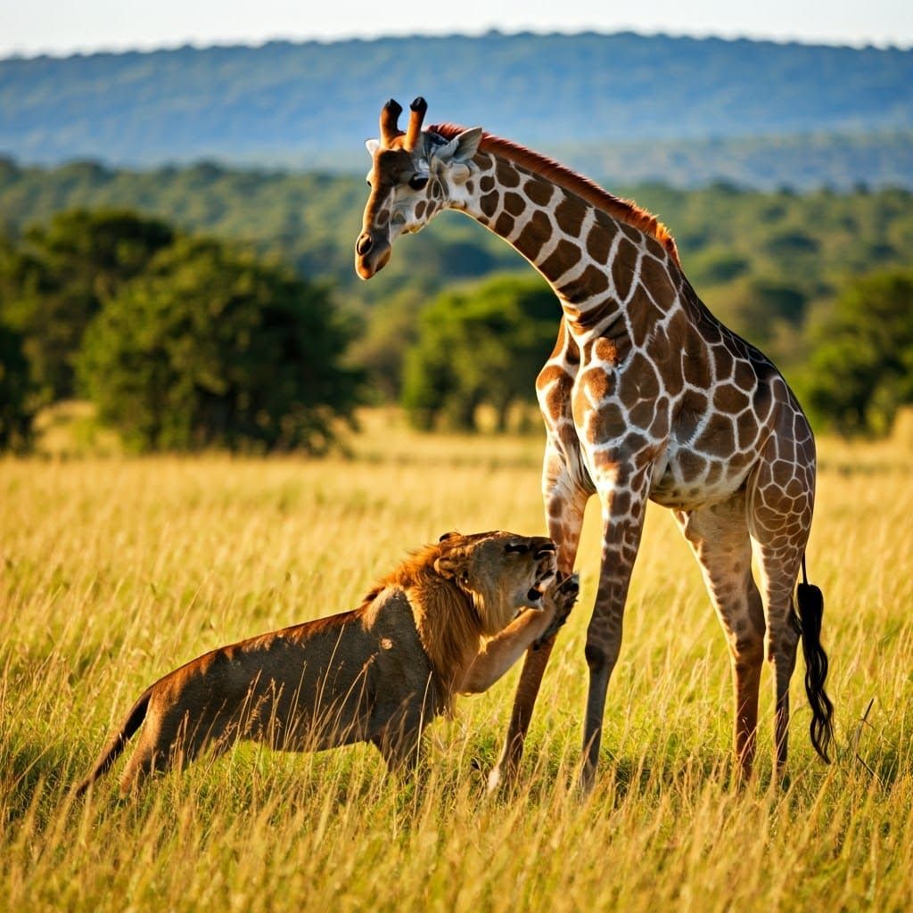 Giraffe Braves Lion Ambush on Golden Savannah