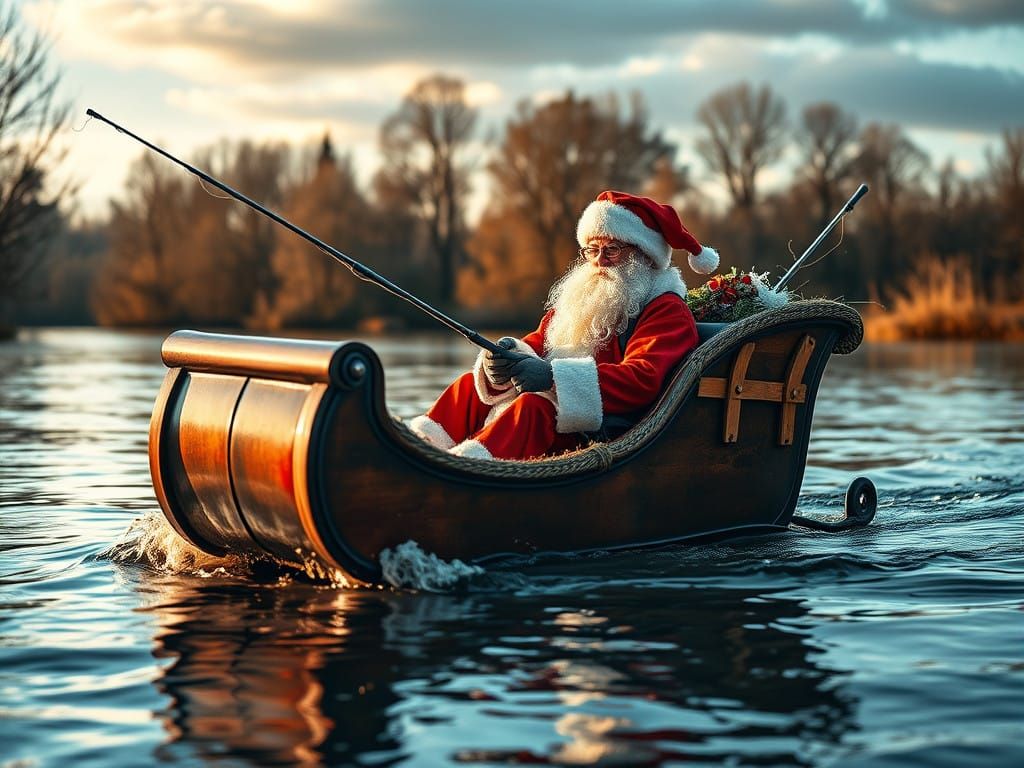 Santa Reels in the Catch in a Serene River Scene