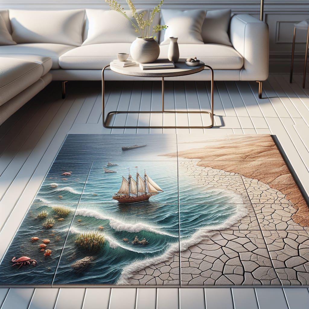 Luxurious White Living Room Floor with Realistic Ocean and D...