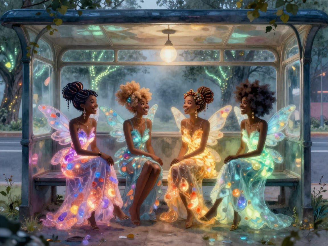 African Fairies in Afro Punk Bus Station: 3D Watercolor Art