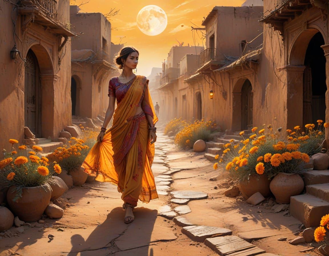 Rajasthani Woman Walks Desert Path Under Orange Moon