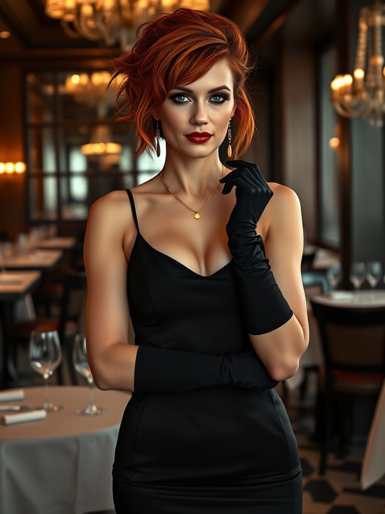 Elegant Woman in Luxurious Restaurant Setting, Cyberpunk Aes...