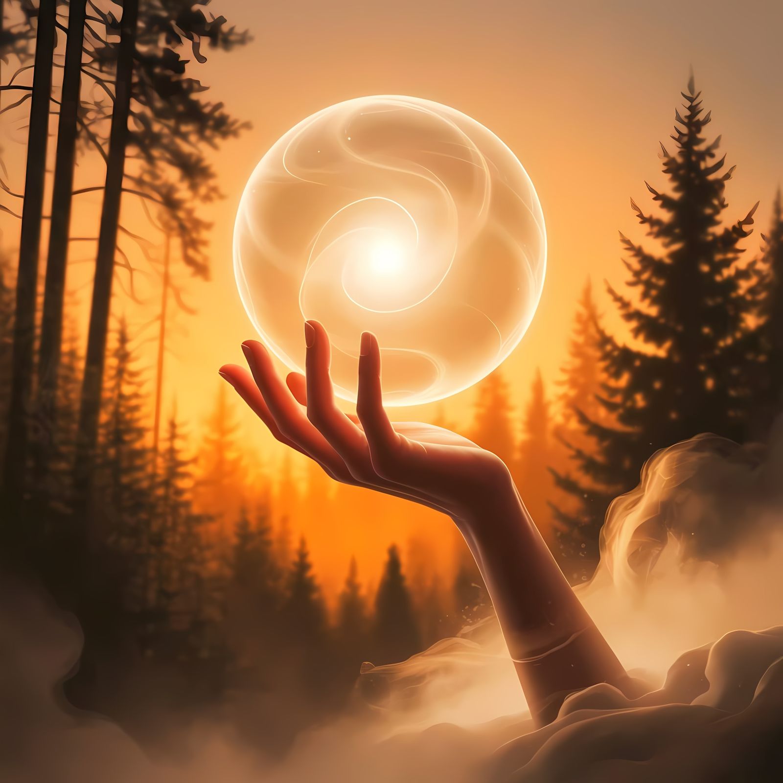 Ethereal Hand Reaches for Celestial Light in Dreamy Forest S...