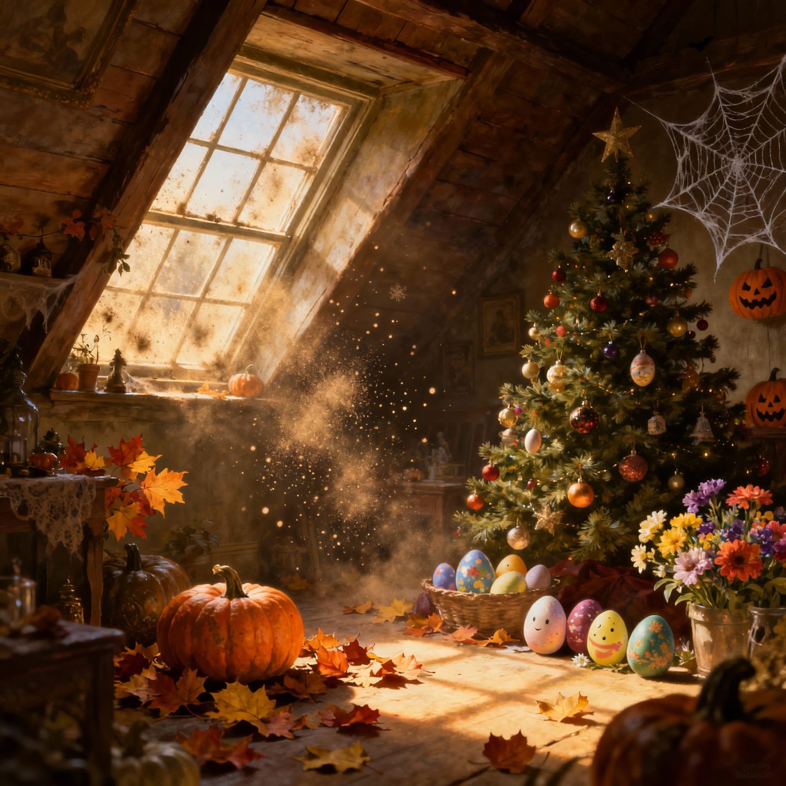 Festive Attic With Seasonal Decorations In Golden Light