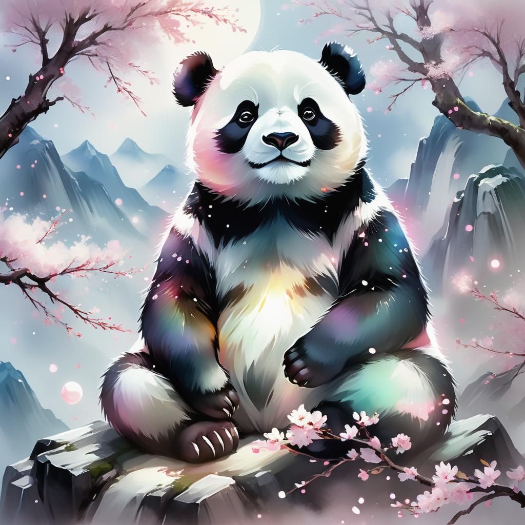 Serene Panda on Misty Peak: Anime Watercolor