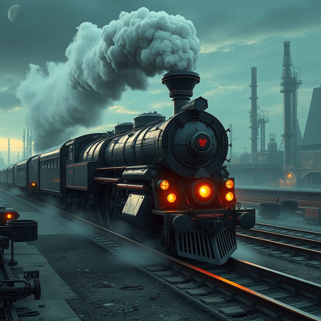 Futuristic Nuclear Steam Train in Cyberpunk Style