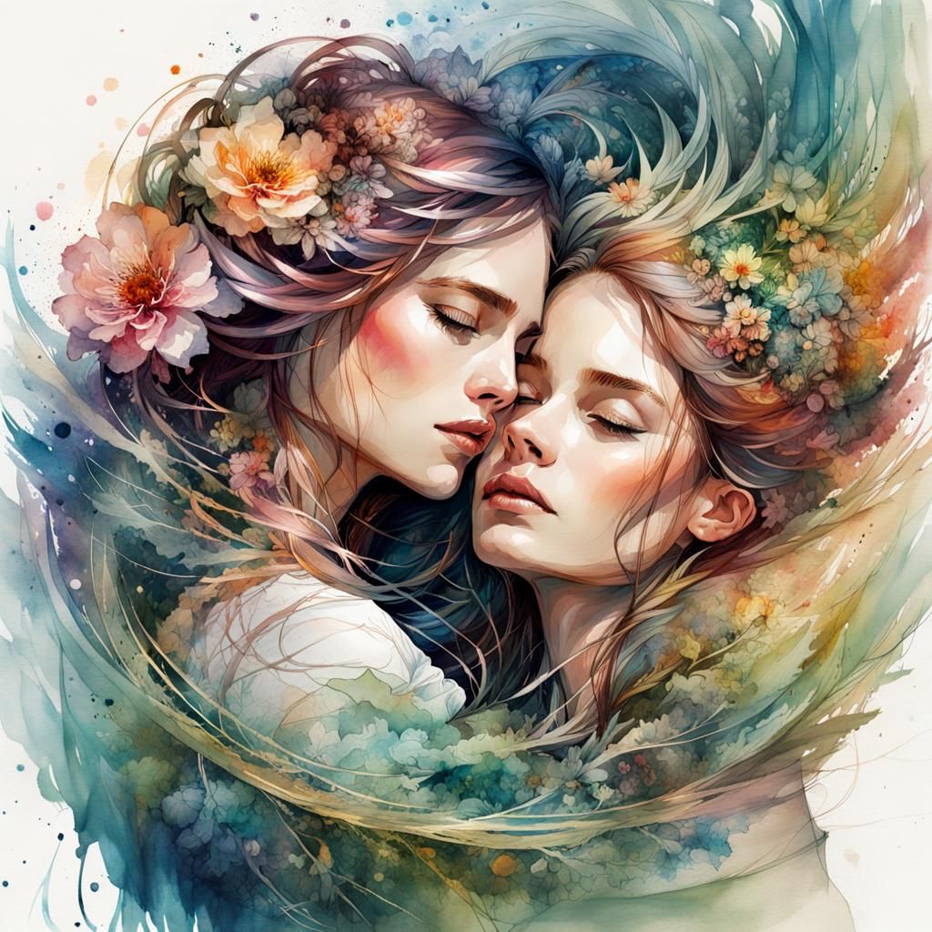 Friendly Hug in Digital Watercolor Illustration