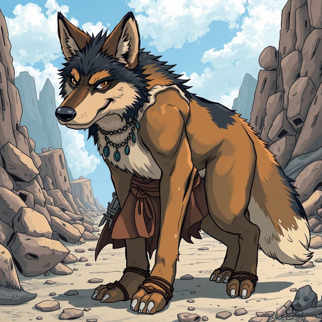 Post-Apocalyptic Wolfkin Warrior in Vibrant Anime Style
