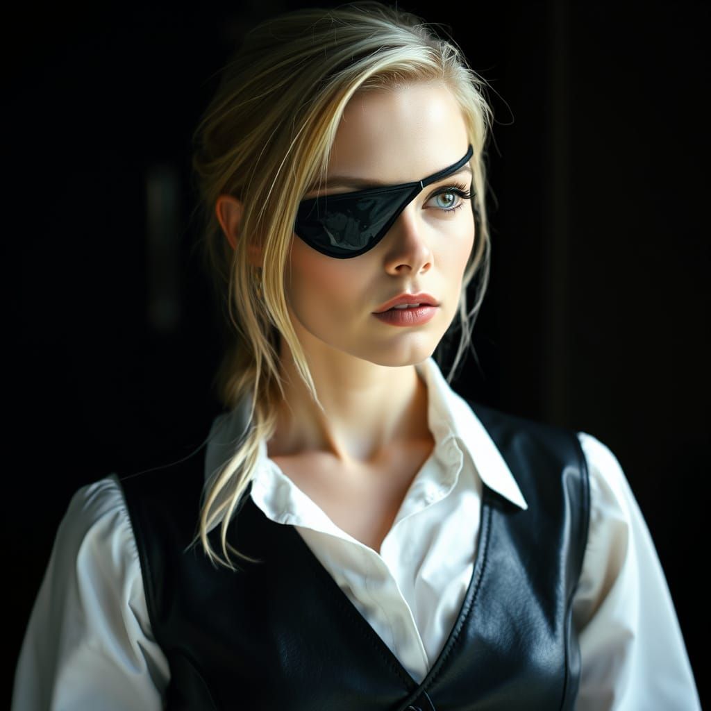 Blonde Woman in Leather with Eyepatch, Cinematic Style