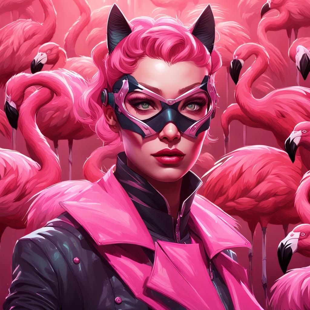 Pink Flamingo Catwoman Portrait in Hyperdetailed Style