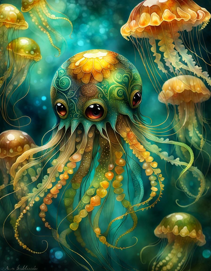 Gilded Jellyfish Creature with Paisley Zentangle Background