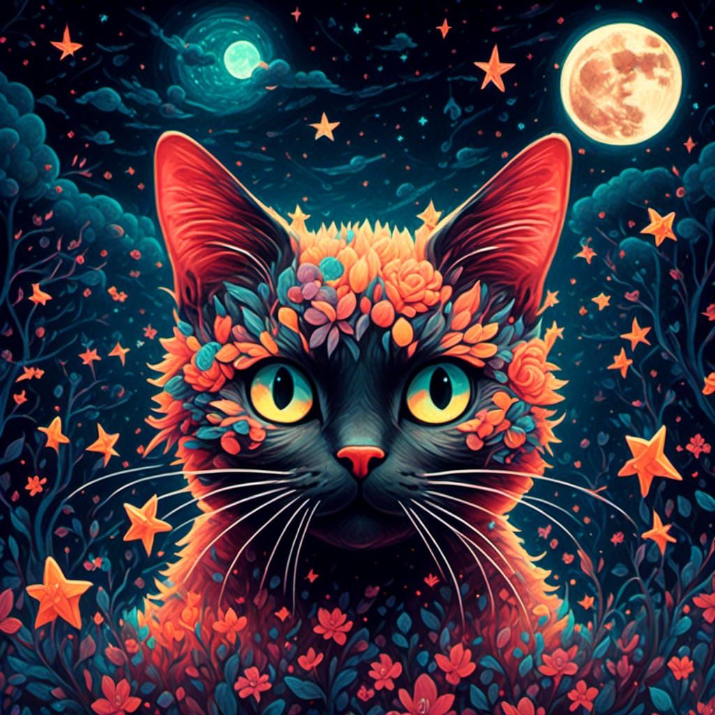 Gothic Cat Prison in Starry Night Collage Art