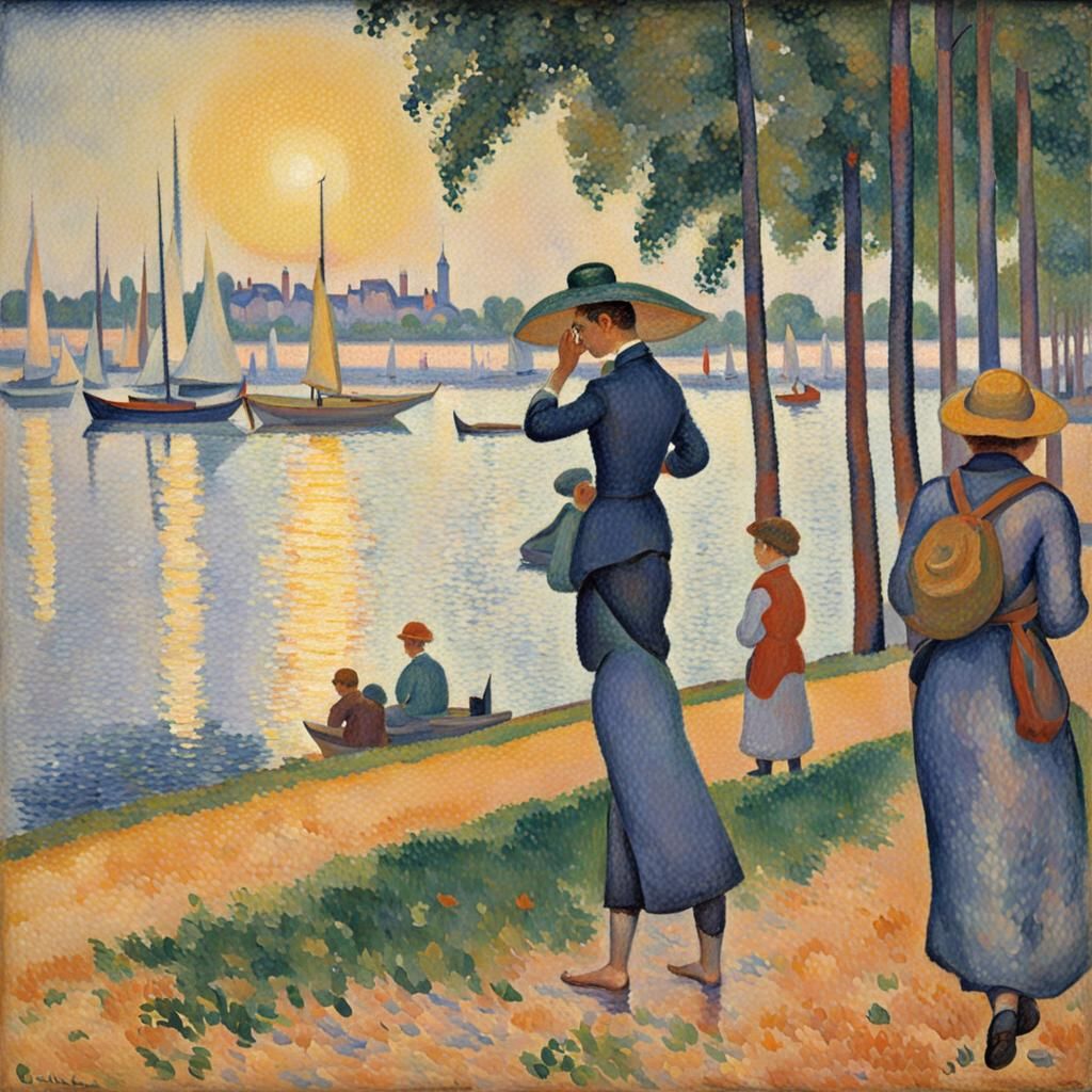 Pointillist Marketplace Scene in Vivid Colors