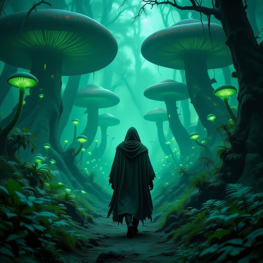 Hooded Figure in Bioluminescent Forest