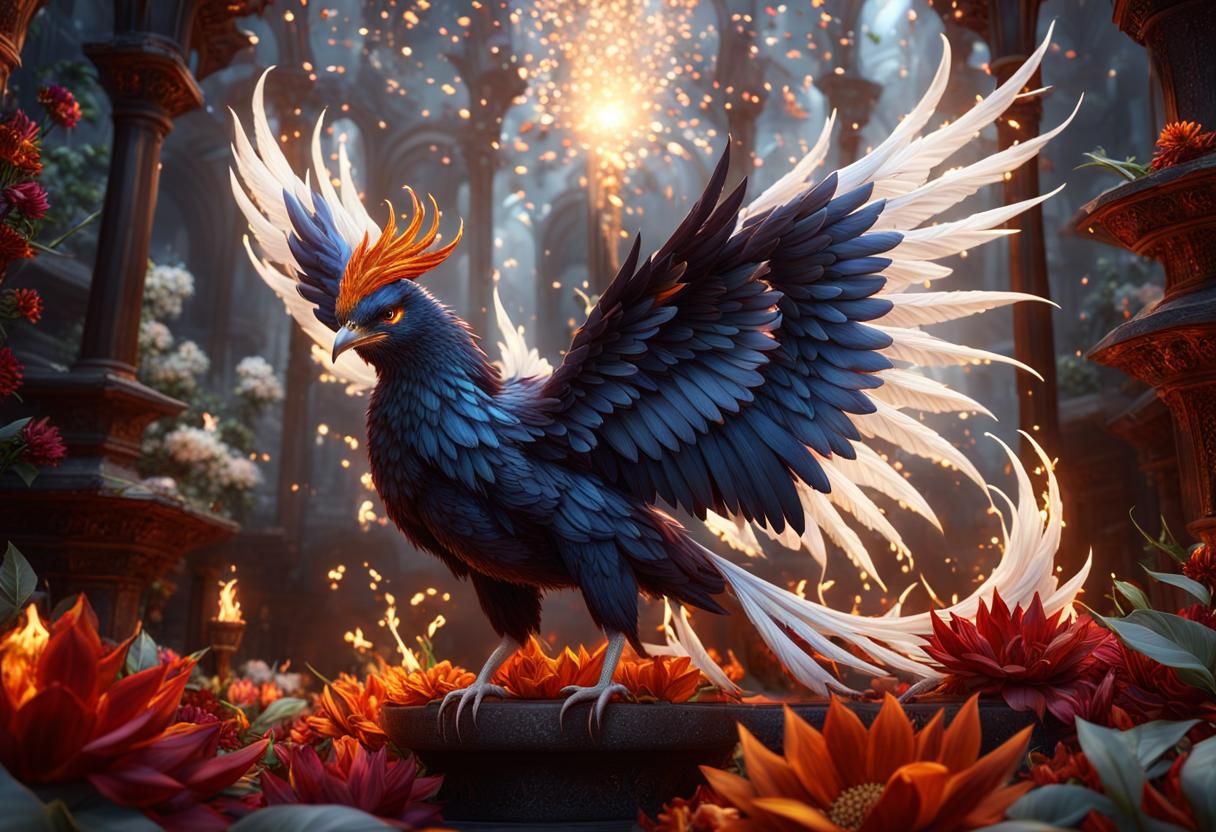 Majestic Fire Phoenix with Floral Sparks, Digital Art