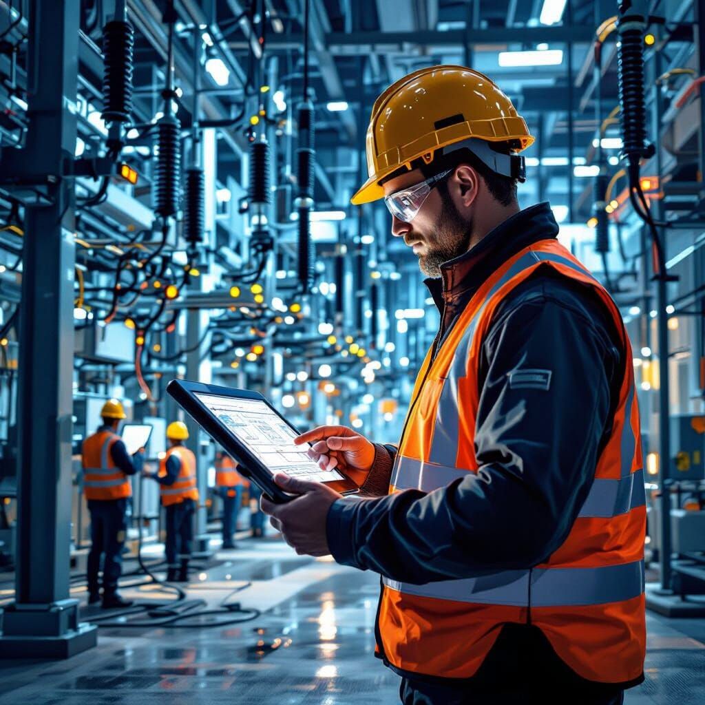 Electrician Manager Reviews Substation Upgrade Project on Ta...