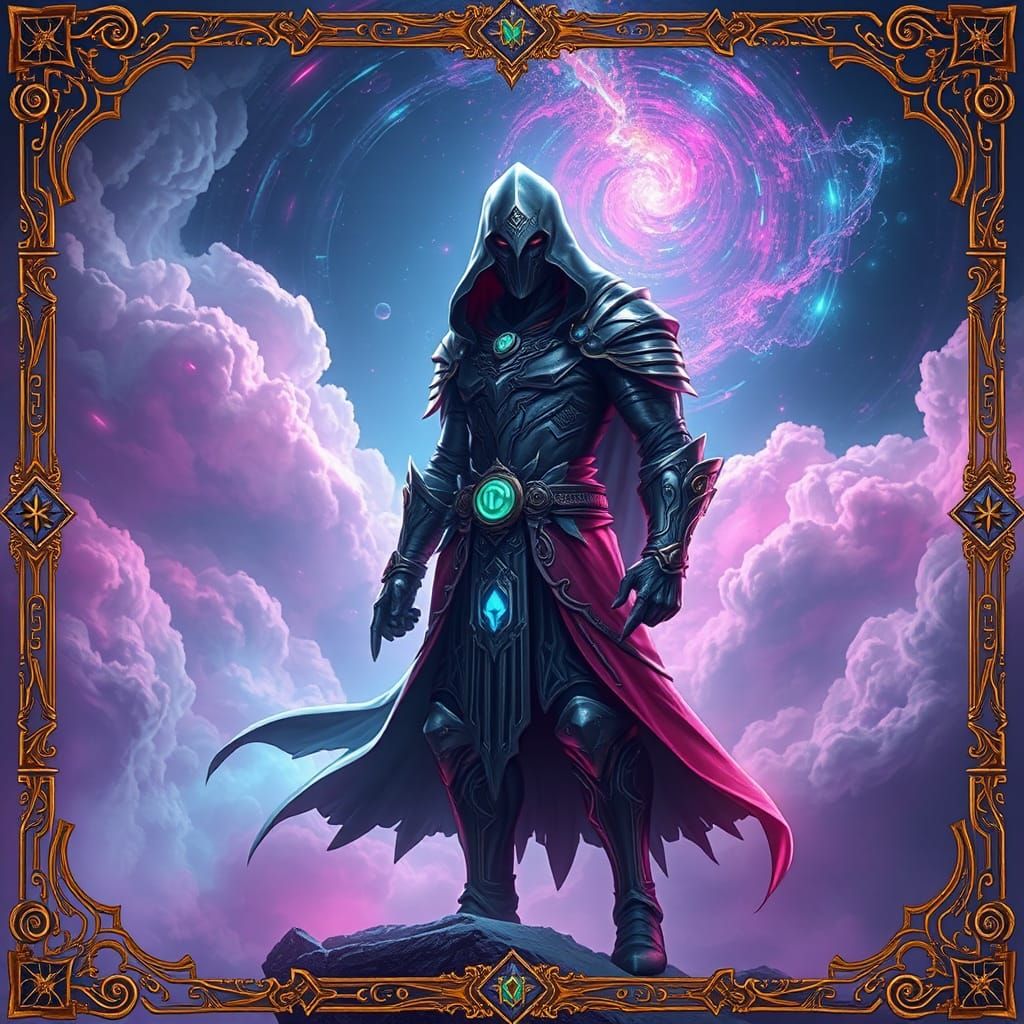 Mystical Warrior in Neon Landscape, Stalenhag Style