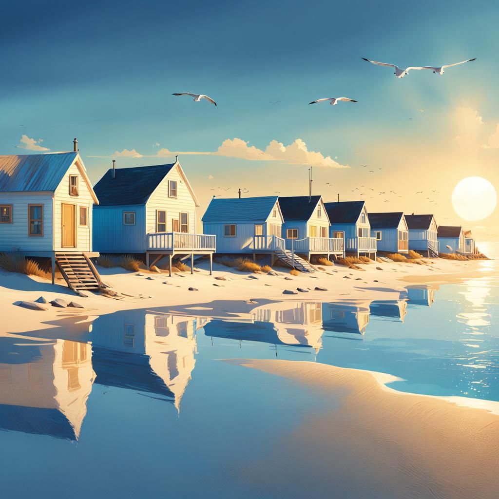 White Cottages on Beach in Golden Light