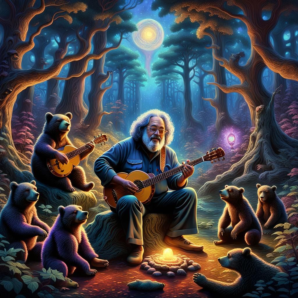 Jerry Garcia in Mystical Forest, Detailed Matte Painting