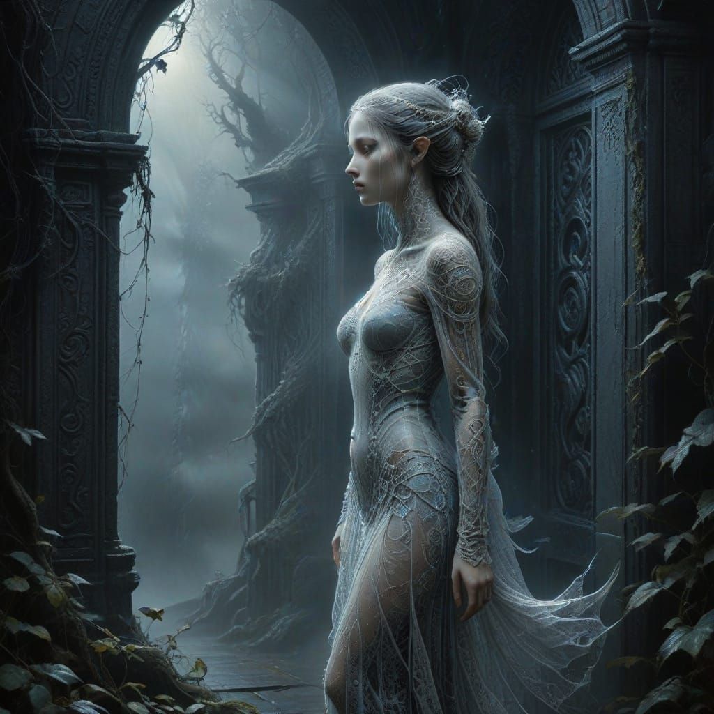 Ethereal Elf Maiden in Liminal Space Stipple Art